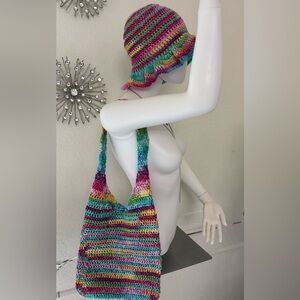 Handmade Crochet Floppy Ruffle Bucket Hat & Matching Hobo Purse